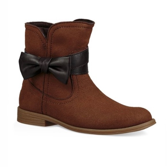 UGG Cognac Joanie Bow Faux Leather Bootie Kids Size 5 Womens Size 7 - Picture 3 of 16